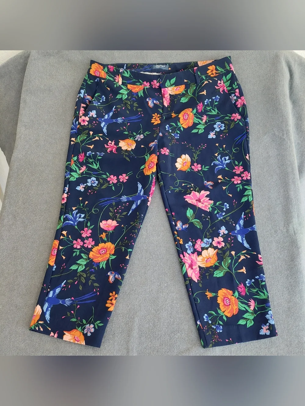 Old Navy Harper Mid-Rise Floral Pants Navy Blue Bird Print Size 16 Regular